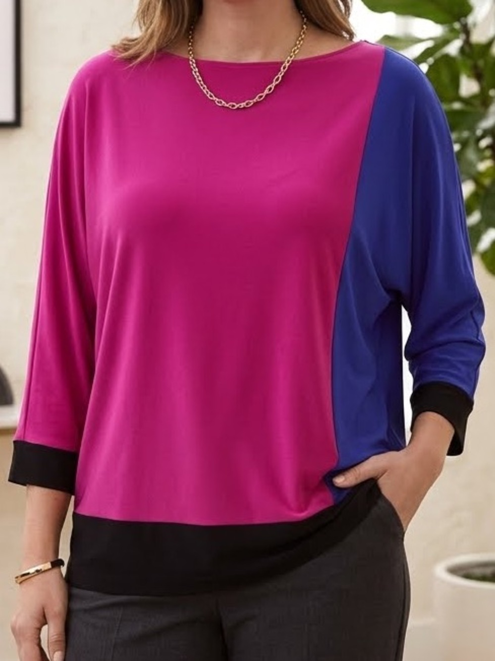 Chaus Top Colorblock Boatneck Pink Blue Black 3/4 dolman sleeves cool medium NWT